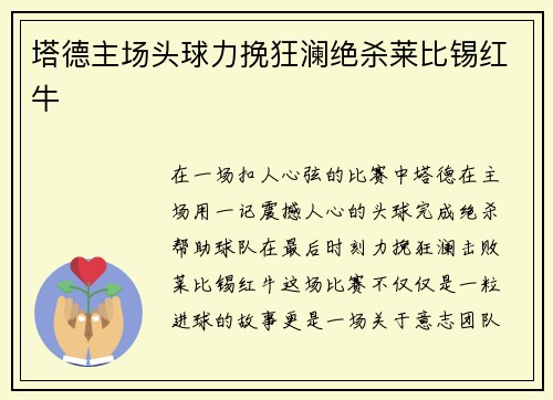塔德主场头球力挽狂澜绝杀莱比锡红牛